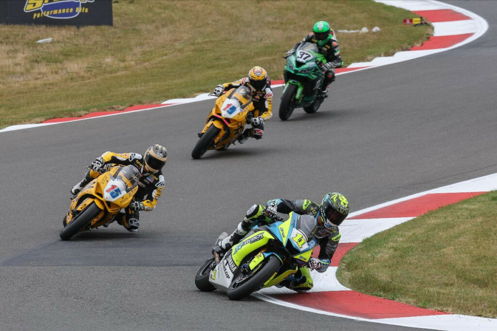 Mathew Scholtz (11) leads PJ Jacobsen (15), Kayla Yaakov (19) and Stefano Mesa (37) in the Supersport race on Saturday at Ridge Motorsports Park. Scholtz took the win with Jacobsen second and Yaakov third. Photo by Brian J. Nelson.