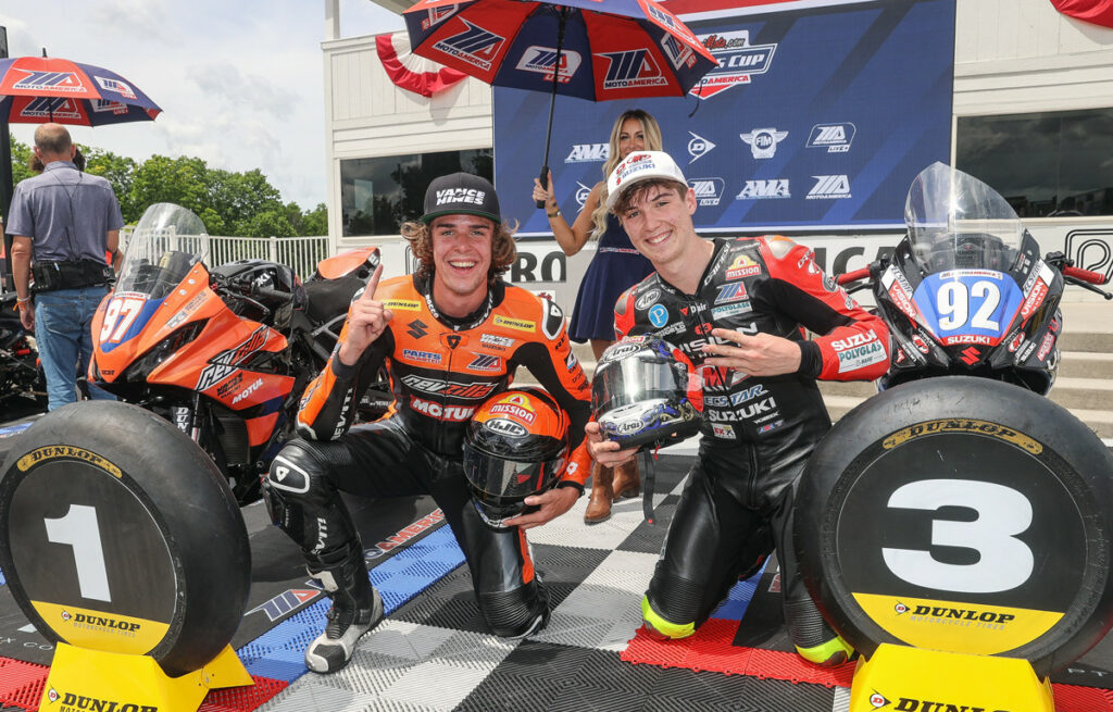 Rocco Landers (left) with the win, and Rossi Moor (right) with a strong third, dominated the podium in Sunday’s Twins Cup race. Photo by Brian J. Nelson, courtesy Suzuki Motor USA.