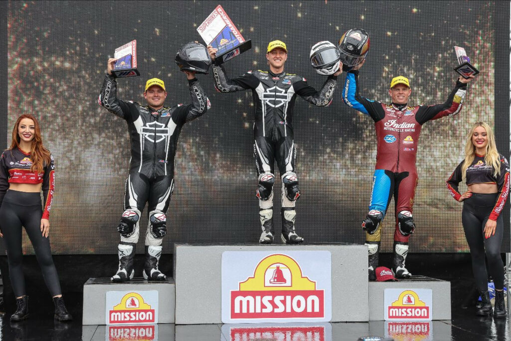 (From left to right) Hayden Schultz, Cody Wyman and Tyler O'Hara celebrate their podium finishes in the Mission Super Hooligan National Championship round at Ridge Motorsports Park. Photo by Brian J. Nelson.