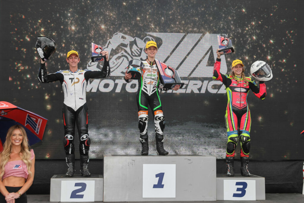 The Drehers - Avery (left) and Ella (right) - became the first brother/sister combo to stand on an AMA road racing podium. Photo by Brian J. Nelson.