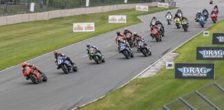 The start of MotoAmerica Superbike Race Two with Josh Herrin (2) leading Jake Gagne (1), Sean Dylan Kelly (40), Cameron Petersen (45), JD Beach (95), and the rest of the field into Turn One. Photo by Brian J. Nelson.