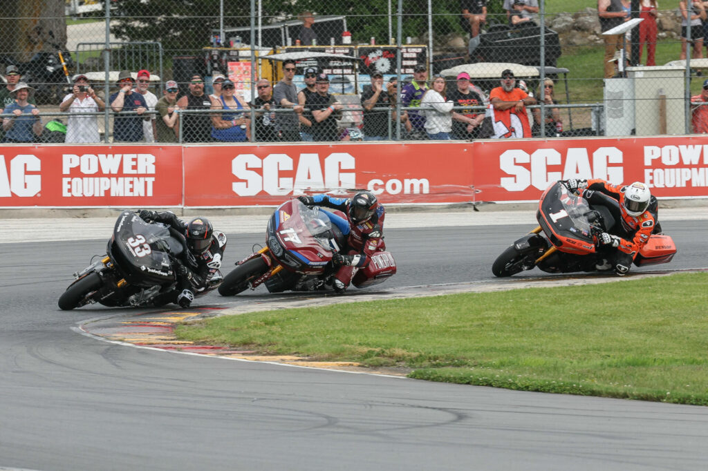 Kyle Wyman (33) leads Troy Herfoss (17) and Hayden Gillim (1) during Race Two at Road America. Photo by Brian J. Nelson, courtesy Harley-Davidson.