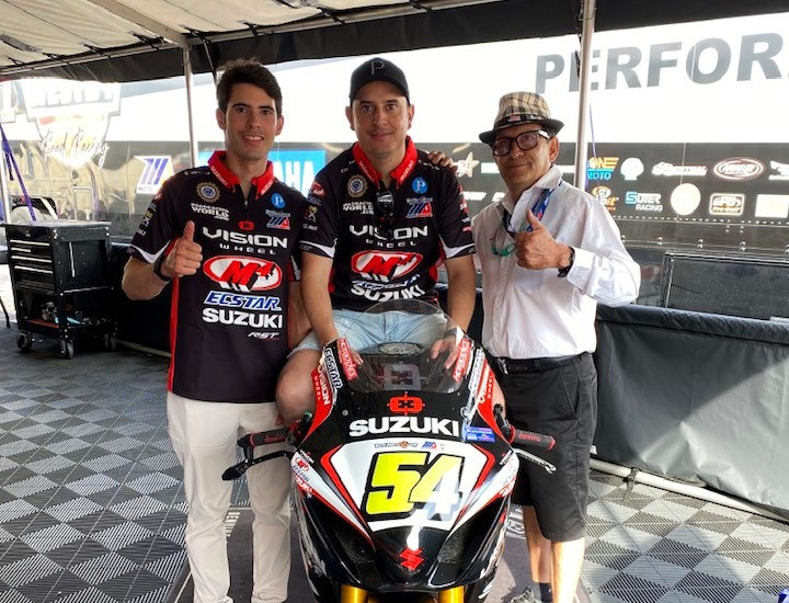 Juan Pablo Escalante, Jr. (center) with brother Richie Escalante (left) and father Juan Pablo Escalante, Sr. at a MotoAmerica race in 2022. Photo courtesy Richie Escalante.