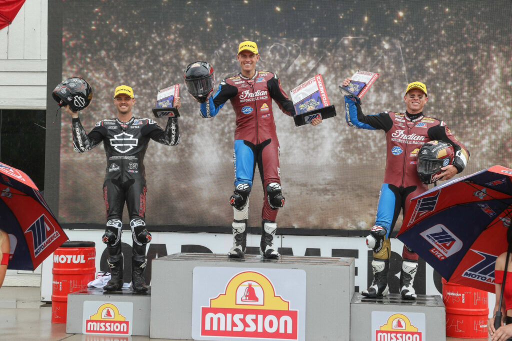 Race One winner Troy Herfoss (center), runner-up Kyle Wyman (left), and third-place finisher Tyler O'Hara (right) at Road America. Photo by Brian J. Nelson, courtesy Indian Motorcycle.