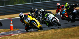 AHRMA racers Kevin Rammer (1z), Harry Vanderlinden (32), Noel Korowin (510), Jeff Nelson (43), and Bruce Testa (954) in action at New Jersey Motorsports Paek. Photo by etechphoto.com, courtesy AHRMA.