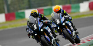 Niccolo Canepa leads teammate Karel Hanika during testing at Suzuka, in Japan. Photo courtesy Yamaha.