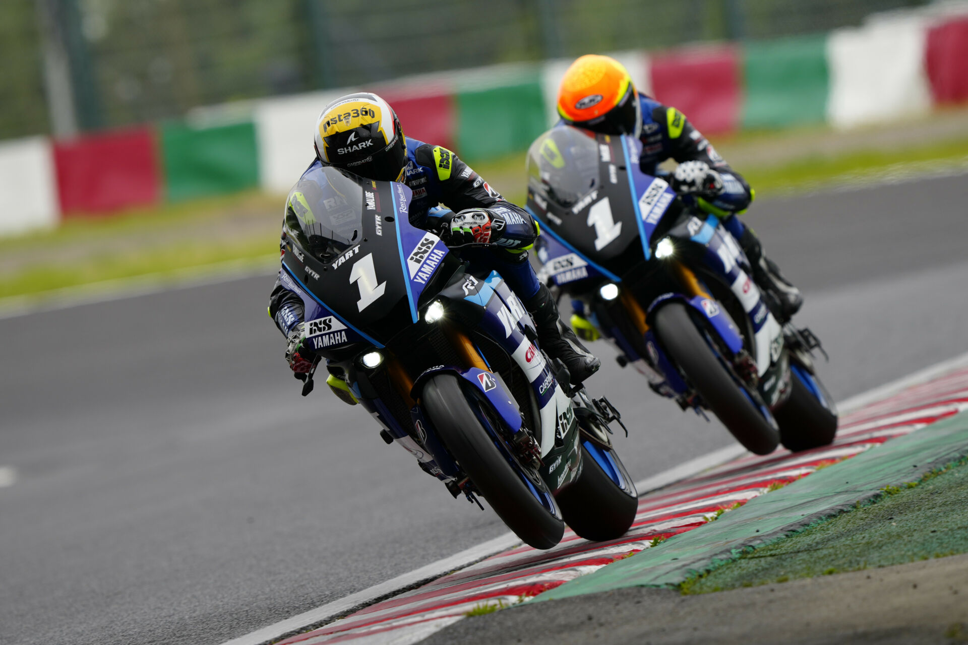 Niccolo Canepa leads teammate Karel Hanika during testing at Suzuka, in Japan. Photo courtesy Yamaha.