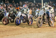 Dallas Daniels (32), Davis Fisher (67), Jared Mees (1), and Brandon Robinson (44) leads the AFT Supertwins field off the line at the Lima Half-Mile. Photo by Tim Lester, courtesy AFT.