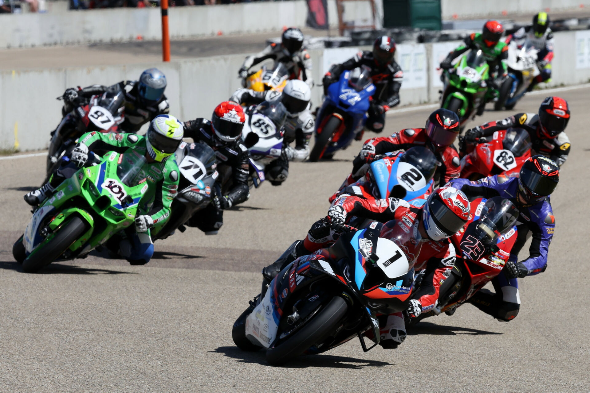 Polesitter Ben Young (1) leads the GP Bikes Pro Superbike field into Turn One Sunday during Round Three action at RAD Torque Raceway near Edmonton, AB. Photo by Rob O'Brien, courtesy CSBK.