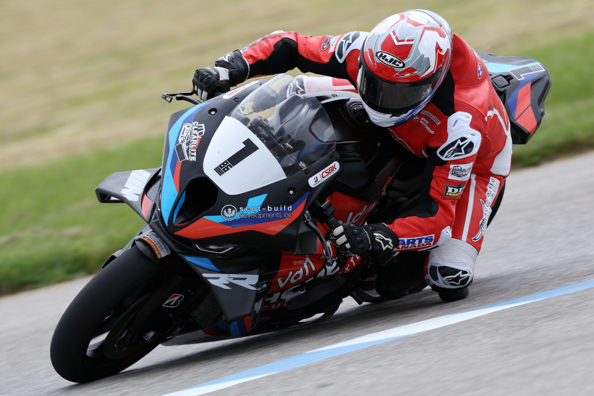 Ben Young (1) topped GP Bikes Pro Superbike qualifying at Grand Bend Motorplex on Friday afternoon, putting the BMW rider into a P1 starting position for both of the weekend's feature races. [Photo: Rob O'Brien / CSBK]