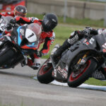 Trevor Daley (9) leads Ben Young (1) and Sam Guerin (2) on a wet track on his way to his first career CSBK Superbike victory, at Grand Bend Motorplex on Sunday. Photo by Rob O'Brien, courtesy CSBK.
