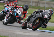 Trevor Daley (9) leads Ben Young (1) and Sam Guerin (2) on a wet track on his way to his first career CSBK Superbike victory, at Grand Bend Motorplex on Sunday. Photo by Rob O'Brien, courtesy CSBK.