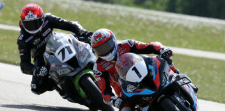 Last-lap Superbike action Saturday at RAD Torque Raceway saw Torin Collins (71) try multiple times to make a pass for the lead over victor Ben Young (1). Collins would finish second in his first CSBK race start. Photo by Rob O'Brien, courtesy CSBK.