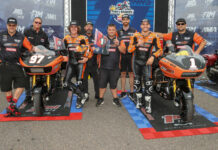 Hayden Gillim (right) and Rocco Landers (left) with members of the RevZilla/Motul/Vance & Hines Harley-Davidson team at Brainerd. Photo courtesy Harley-Davidson.