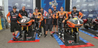 Hayden Gillim (right) and Rocco Landers (left) with members of the RevZilla/Motul/Vance & Hines Harley-Davidson team at Brainerd. Photo courtesy Harley-Davidson.