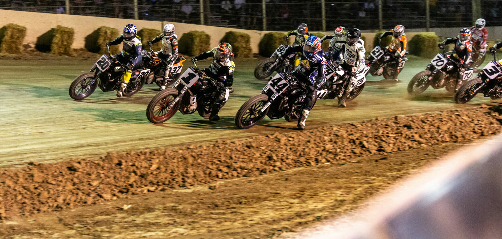 Brandon Robinson (44), Jared Mees (1), and Jarod VanDerKooi (20) lead the way early in the AFT Mission SuperTwins main event at the Arai Bridgeport Half-Mile, in New Jersey. Photo courtesy AFT.