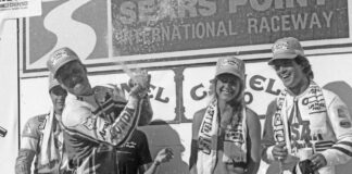 Ottis Lance (right) on the AMA Superbike podium at Sears Point Raceway in 1986 with Bubba Shobert (left) and race winner Fred Merkel (center). Photo by Larry Lawrence/Lawrence Media.