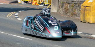 Brothers Ryan and Callum Crowe (3) won Sidecar TT Race One. Photo by Barry Clay.
