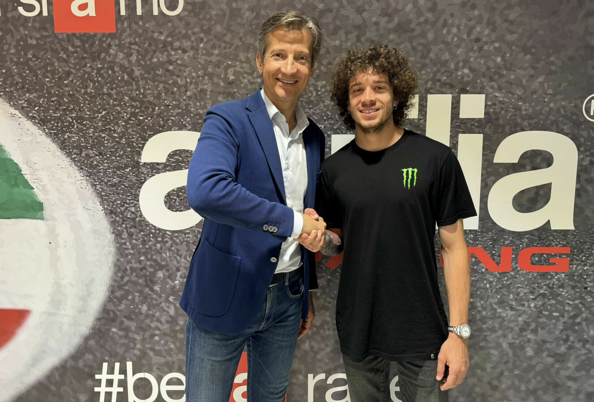 Aprilia Racing CEO Massimo Rivola (left) and Marco Bezzecchi (right). Photo courtesy Aprilia.