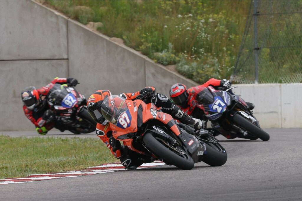 Rocco Landers (97) beat Alessandro Di Mario (27) for the second straight day in the BellissiMoto Twins Cup race at BIR on Sunday. Rossi Moor (92) finished third. Photo by Brian J. Nelson.