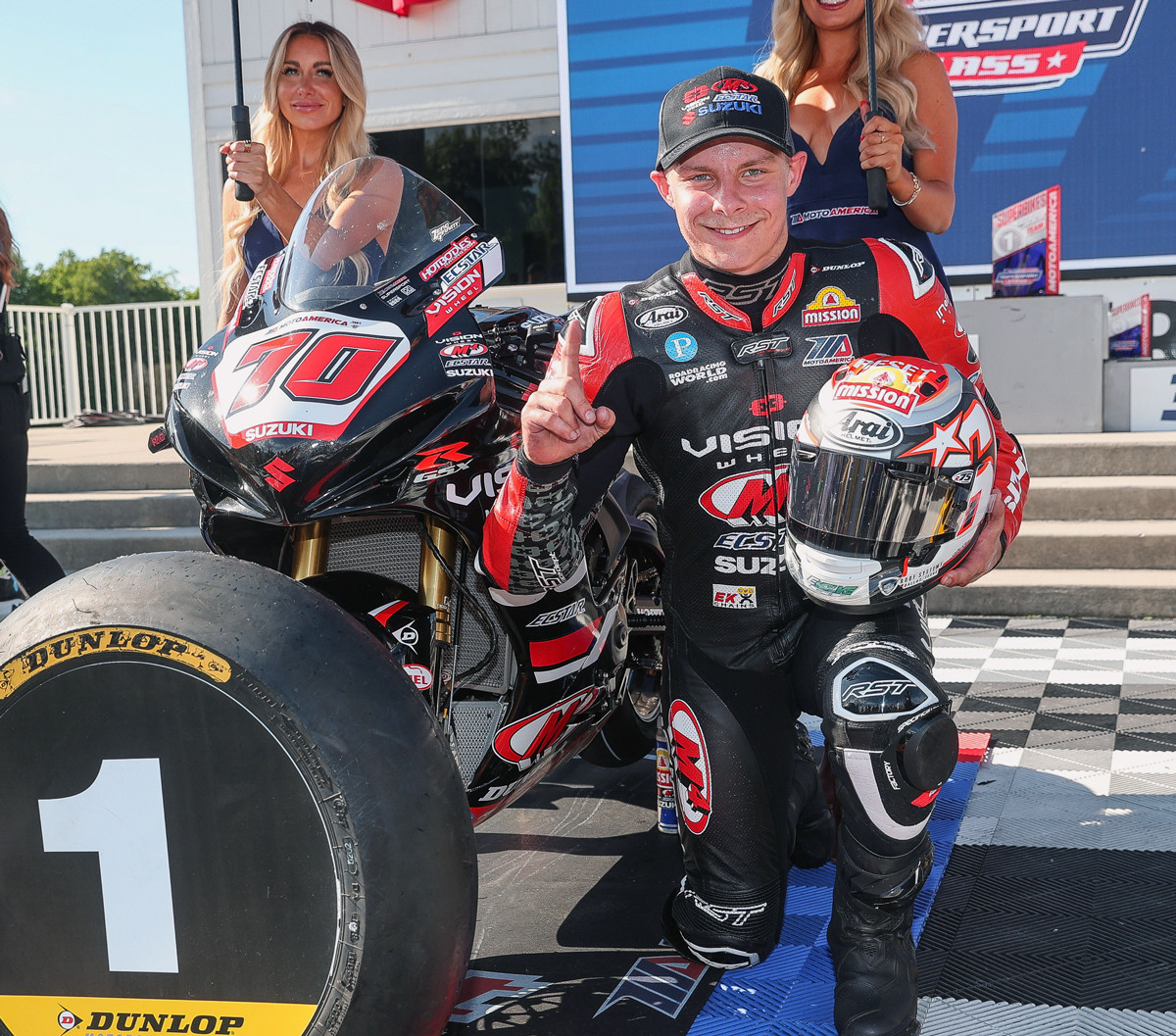 Tyler Scott (70) put his GSX-R750 on the top of the Supersport podium at Road America. Photo by Brian J. Nelson, courtesy Suzuki Motor USA.