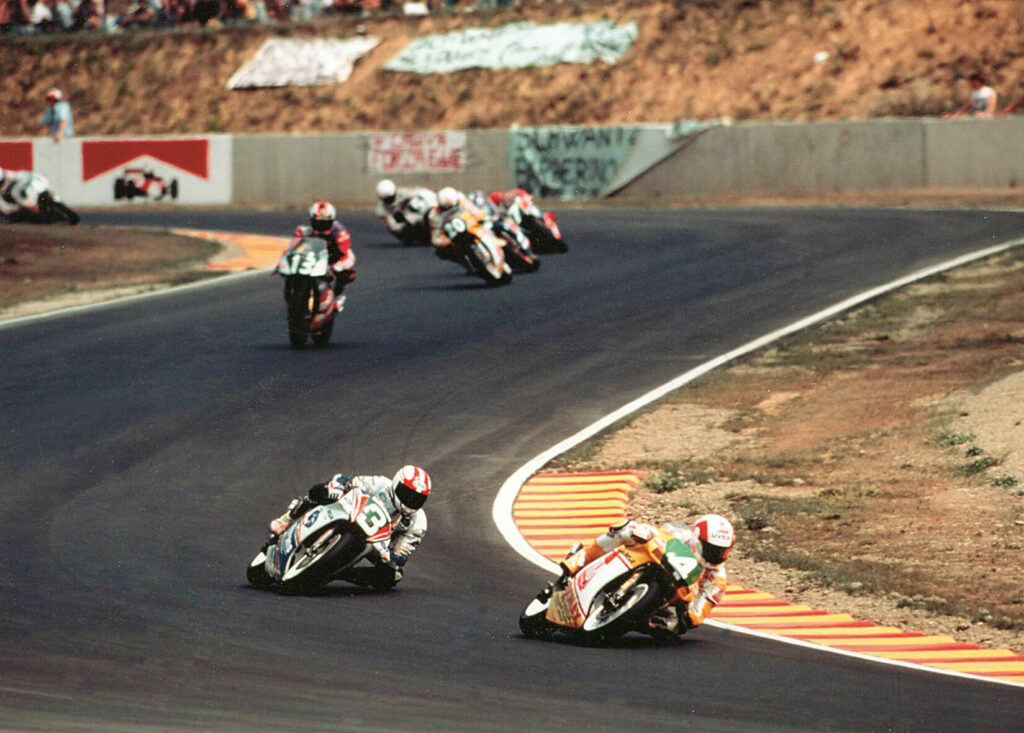 Helmut Bradl (4) leads Luca Cadalora (3) and Loris Reggiani (13) on his way to a 250cc GP win at Mugello in 1991. 