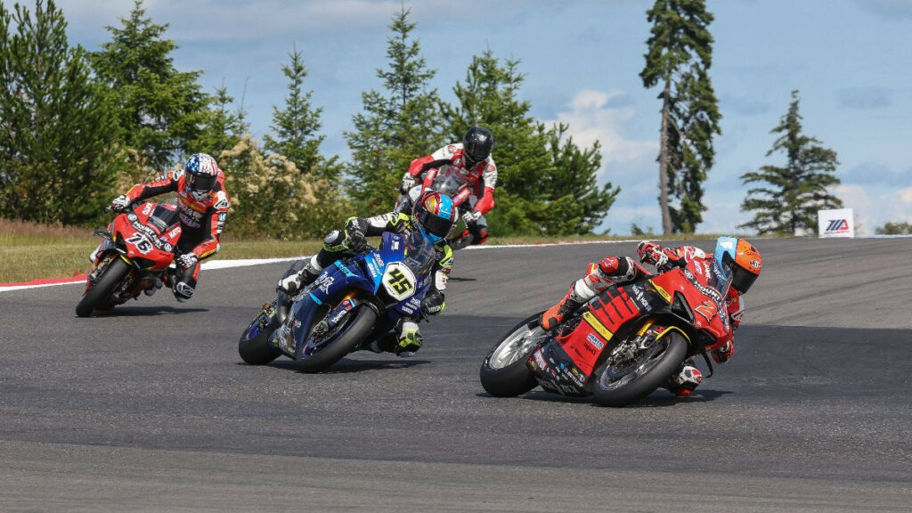 Josh Herrin (2) moved around Cameron Petersen (45) and sped off to win his second MotoAmerica Superbike race of the season and the 12th of his career. Photo by Brian J. Nelson.