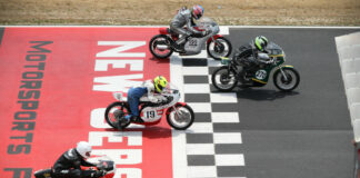 Rob Hall (270), Alex McLean (122), Christopher Spargo (19), and Dave Roper (7) at the start of an AHRMA Vintage Cup race at New Jersey Motorsports Park. Photo by Craig Chawla, courtesy AHRMA.