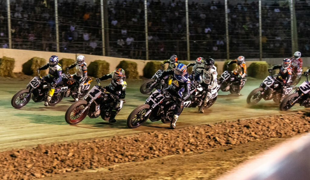 Brandon Robinson (44), Jared Mees (1), and Jarod VanDerKooi (20) lead the way early in the AFT Mission SuperTwins main event at the Arai Bridgeport Half-Mile, in New Jersey. Photo courtesy AFT.