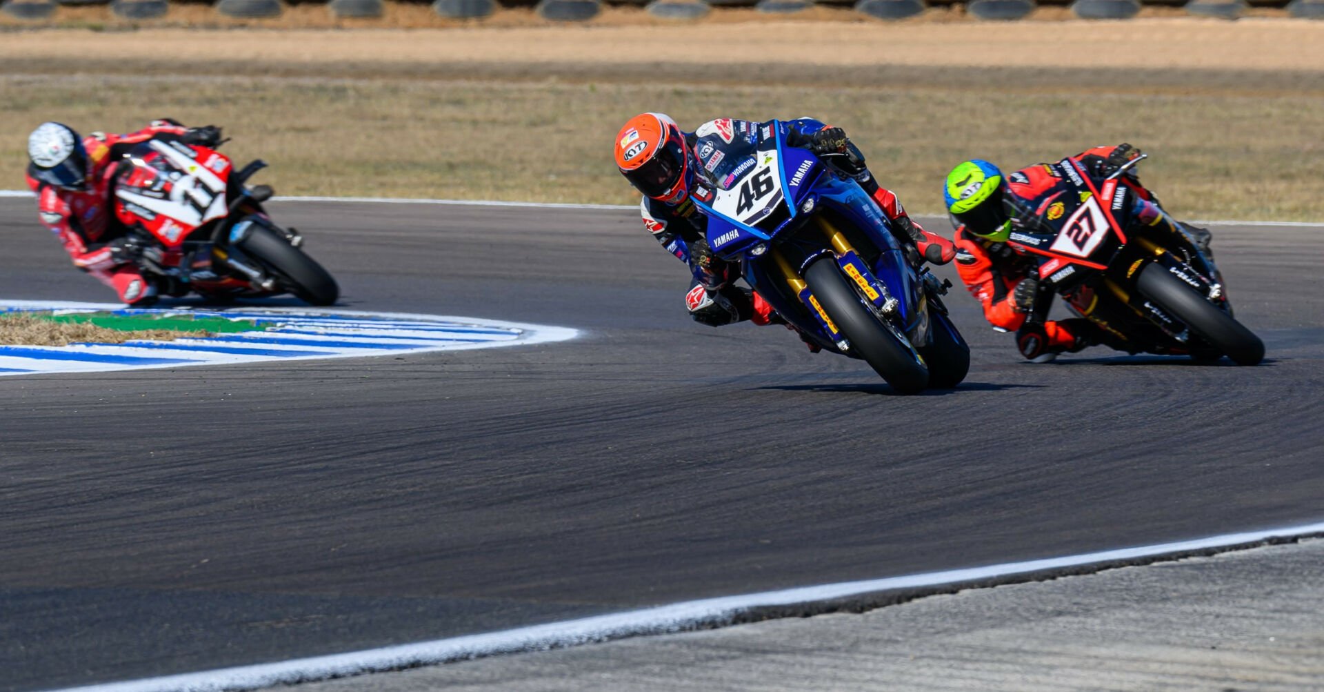 Mike Jones (46) leads Max Stauffer (27) and Broc Pearson (11) during Superbike Race One. Photo by RBMotoLens, courtesy ASBK.