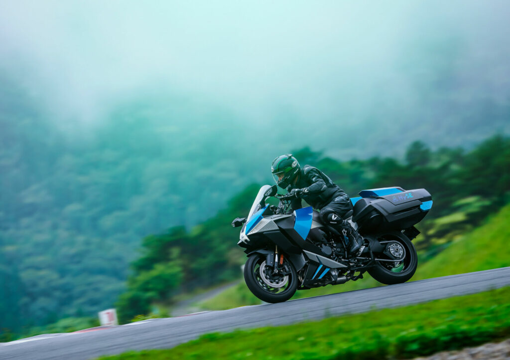 Kawasaki's hydrogen-fueled prototype motorcycle being ridden in Japan. Photo courtesy Kawasaki.