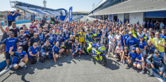 Lucky Yamaha owners got to do a special Yamaha Racing Experience track day at Jerez with Yamaha racing stars, including Valentino Rossi (front and center). Photo courtesy Yamaha.