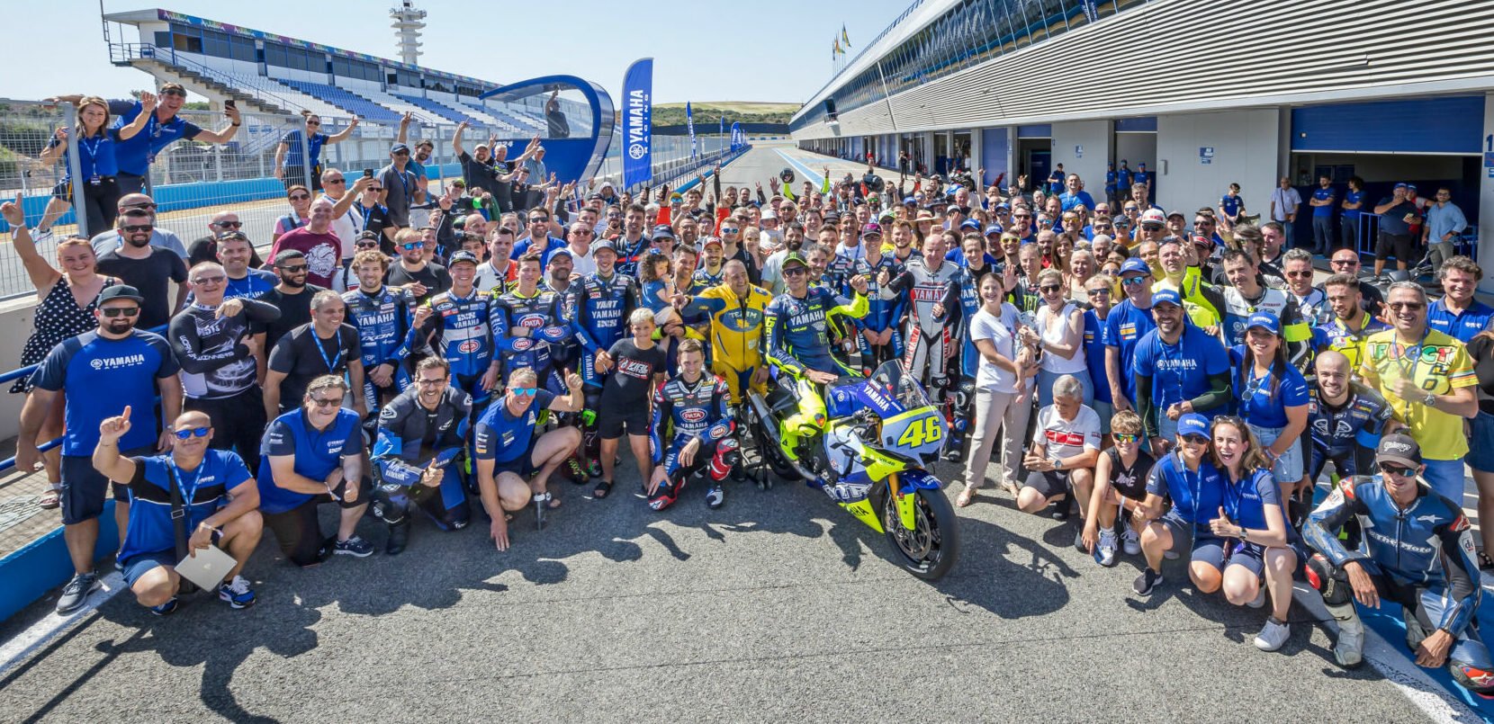 Lucky Yamaha owners got to do a special Yamaha Racing Experience track day at Jerez with Yamaha racing stars, including Valentino Rossi (front and center). Photo courtesy Yamaha.