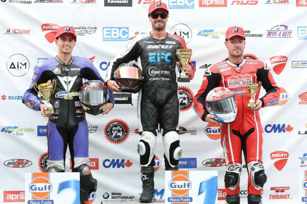 Saturday's Superbike podium from Atlantic Motorsport Park: (from left) Alex Dumas, Sam Guerin, and Ben Young. Photo by Rob O'Brien, courtesy CSBK.