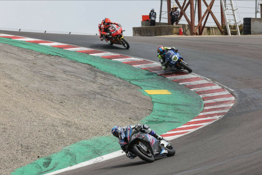Cameron Beaubier (6) got the jump on the field, including Cameron Petersen (45) and Josh Herrin (2), and led every lap of Saturday's Steel Commander Superbike race at WeatherTech Raceway Laguna Seca. Photo by Brian J. Nelson.