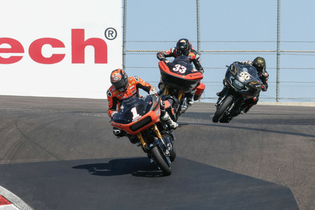 Hayden Gillim (1) battled with and beat Kyle Wyman (33) to win the Mission King Of The Baggers race at WeatherTech Raceway Laguna Seca on Sunday. Photo by Brian J. Nelson.