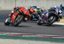Josh Herrin (2) leads Cameron Beaubier (6) and Sean Dylan Kelly (40) in their battle for victory in the Steel Commander Superbike race on Sunday at WeatherTech Raceway Laguna Seca. Photo by Brian J. Nelson.