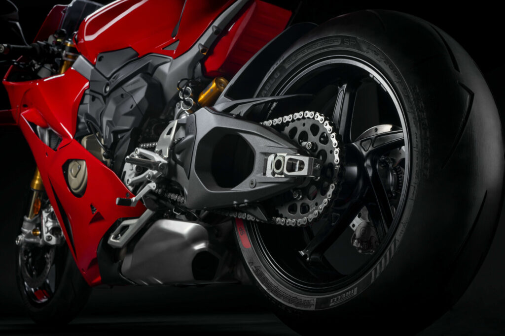 The 2025 Ducati Panigale V4 has a new double-sided swingarm in place of the previous single-sided swingarm. Photo courtesy Ducati.