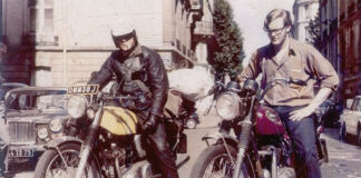 Jamie (left) and Mike (right) also helped out the owner of MotoBritannique, Mike Harper-Smith, by traveling to London to buy used bikes, parts and accessories for the shop. In those days there were no open borders and so riding these old bikes into France from England, loaded with parts and bits, was always a border-crossing customs adventure. Photo courtesy Vanson Leathers.