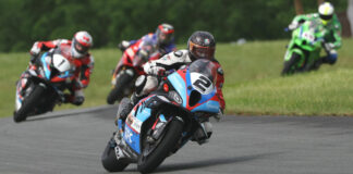 Saturday's Pro Superbike race at Atlantic Motorsport Park started on a wet, but drying, track with Sam Guerin (2) taking his second win of the season after a gamble on tire choice paid off. Photo by Rob O'Brien, courtesy CSBK.