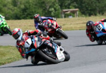 Early in Sunday's Pro Superbike race at Atlantic Motorsport Park, eventual winner Ben Young (1) leads Sam Guerin (2), who would fade to fourth in the end. The Race Two podium was completed by Alex Dumas (23) in second and Jordan Szoke (101) in third. Photo by Rob O'Brien, courtesy CSBK.