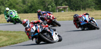 Early in Sunday's Pro Superbike race at Atlantic Motorsport Park, eventual winner Ben Young (1) leads Sam Guerin (2), who would fade to fourth in the end. The Race Two podium was completed by Alex Dumas (23) in second and Jordan Szoke (101) in third. Photo by Rob O'Brien, courtesy CSBK.