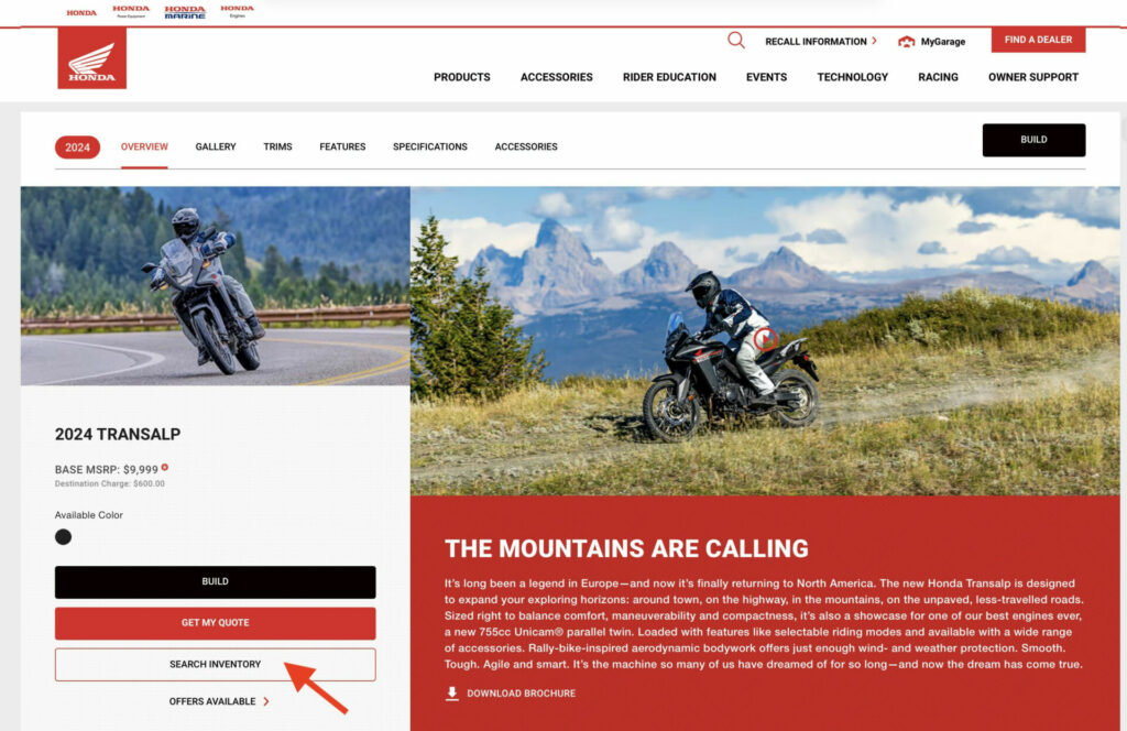 A screenshot showing the new inventory search function on the Honda Powersports consumer website. Image courtesy American Honda.