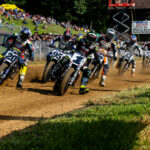 The start of the AFT Mission SuperTwins main event at the Peoria TT with Jared Mees (1) and Jarod VanDerKooi (20) leading the field. Photo by Tim Lester, courtesy AFT.