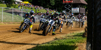 The start of the AFT Mission SuperTwins main event at the Peoria TT with Jared Mees (1) and Jarod VanDerKooi (20) leading the field. Photo by Tim Lester, courtesy AFT.