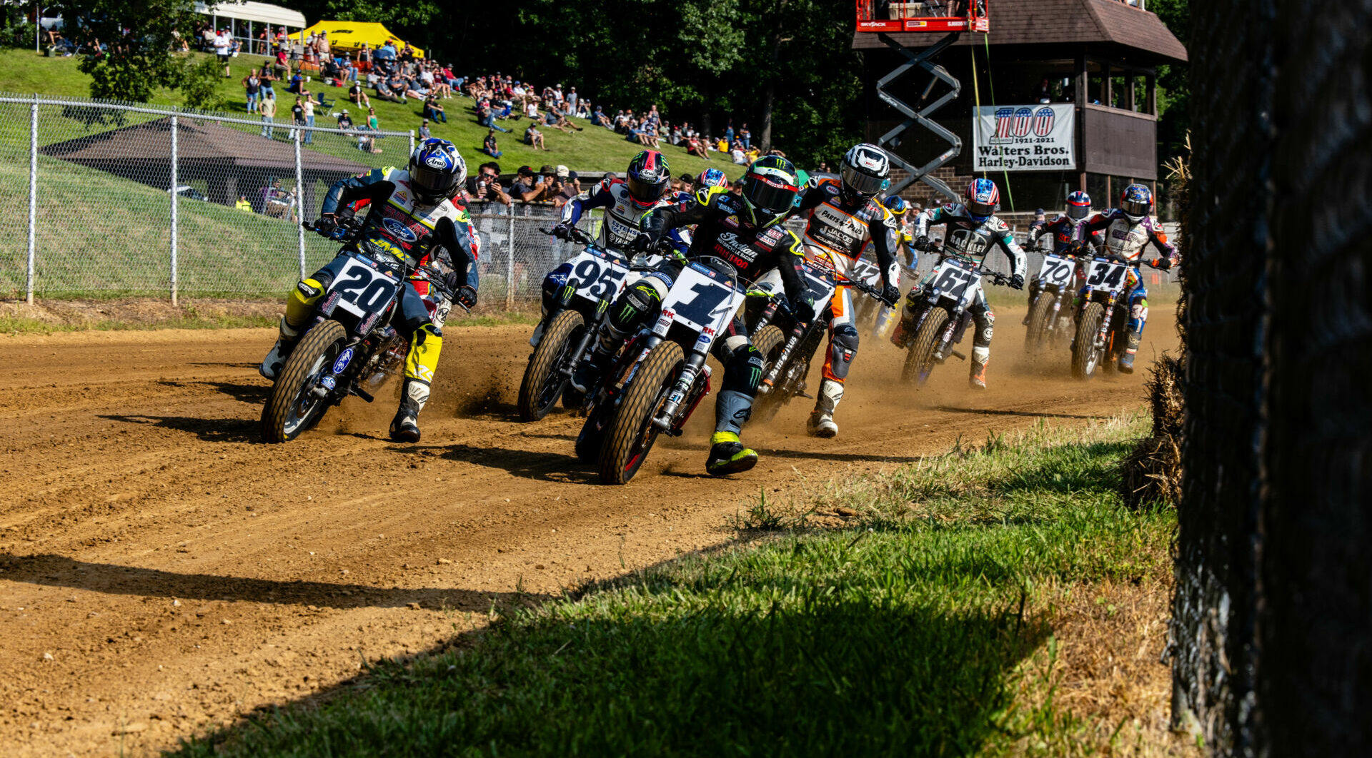 The start of the AFT Mission SuperTwins main event at the Peoria TT with Jared Mees (1) and Jarod VanDerKooi (20) leading the field. Photo by Tim Lester, courtesy AFT.
