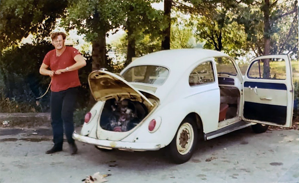 Mike van der Sleesen and the original Vanson Leathers company car. Photo courtesy Vanson Leathers.