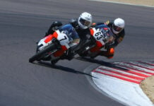 Dave Roper (7) and Walt Fulton (63) at speed at WeatherTech Raceway Laguna Seca. Photo by etechphoto.com, courtesy AHRMA.