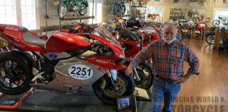 Robb Talbott in the main gallery at the Moto Talbott Museum, posing with a 2006 MV Agusta 1000cc F4 land speed-record bike; the fairing was signed by everyone at MV who worked on the bike. Photo by David Swarts