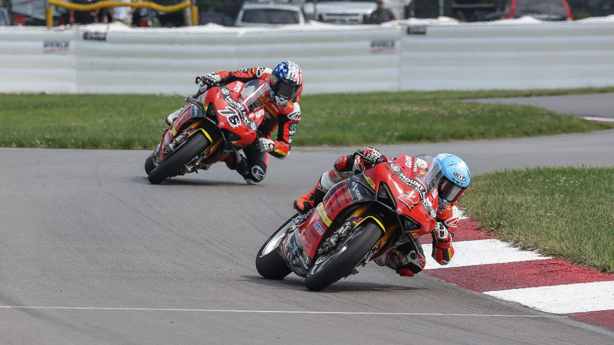 Josh Herrin (2) and his teammate Loris Baz (76) ran one-two for a lot of the race until Baz crashed out of the spot. Herrin went on to record his fourth win of the season. Photo by Brian J. Nelson.